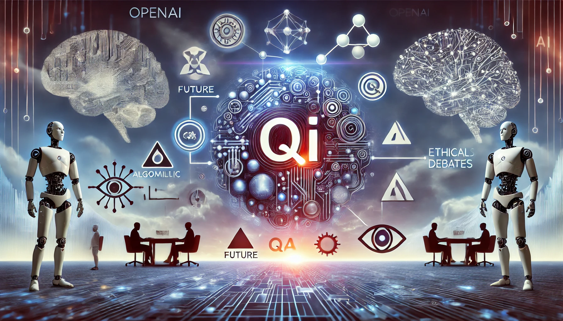 The Future, Concerns and Controversies of AGI*: A conceptual illustration of OpenAI’s Q algorithm, featuring futuristic AI technology and symbols of potential controversies