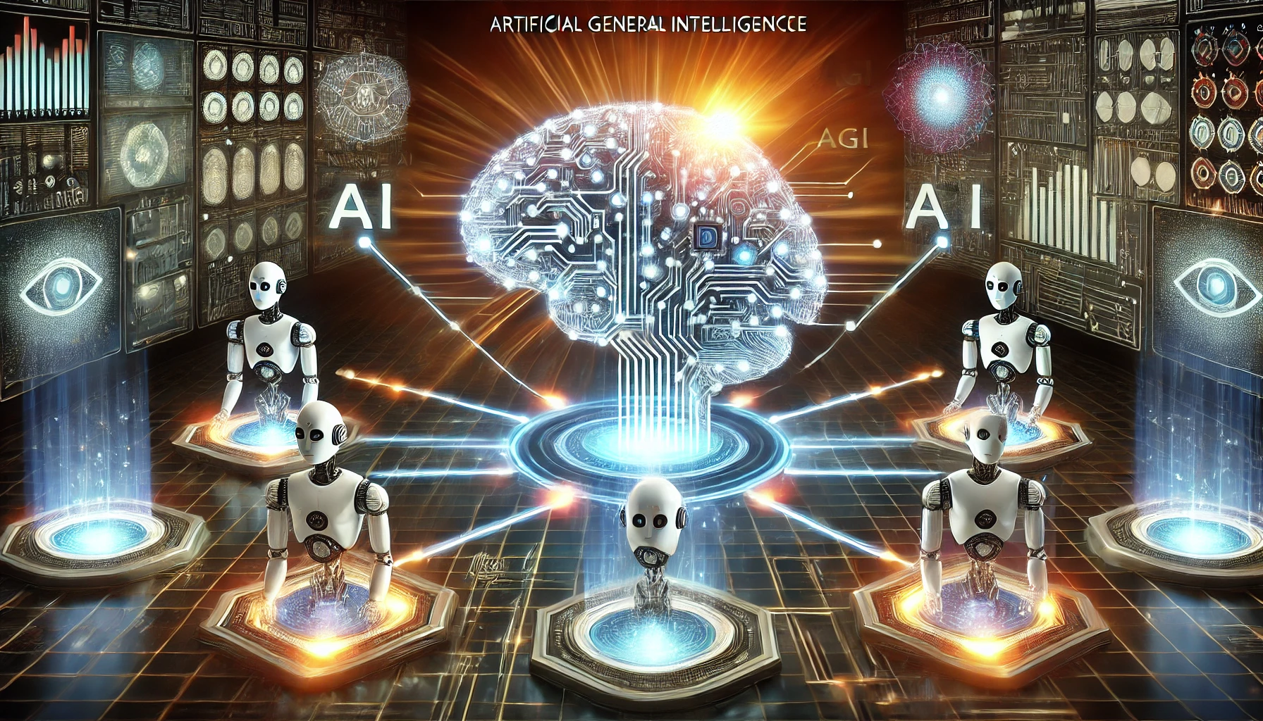 A futuristic depiction of AGI, showing a central AI brain-like structure connected to multiple systems, representing AGI's diverse tasks.