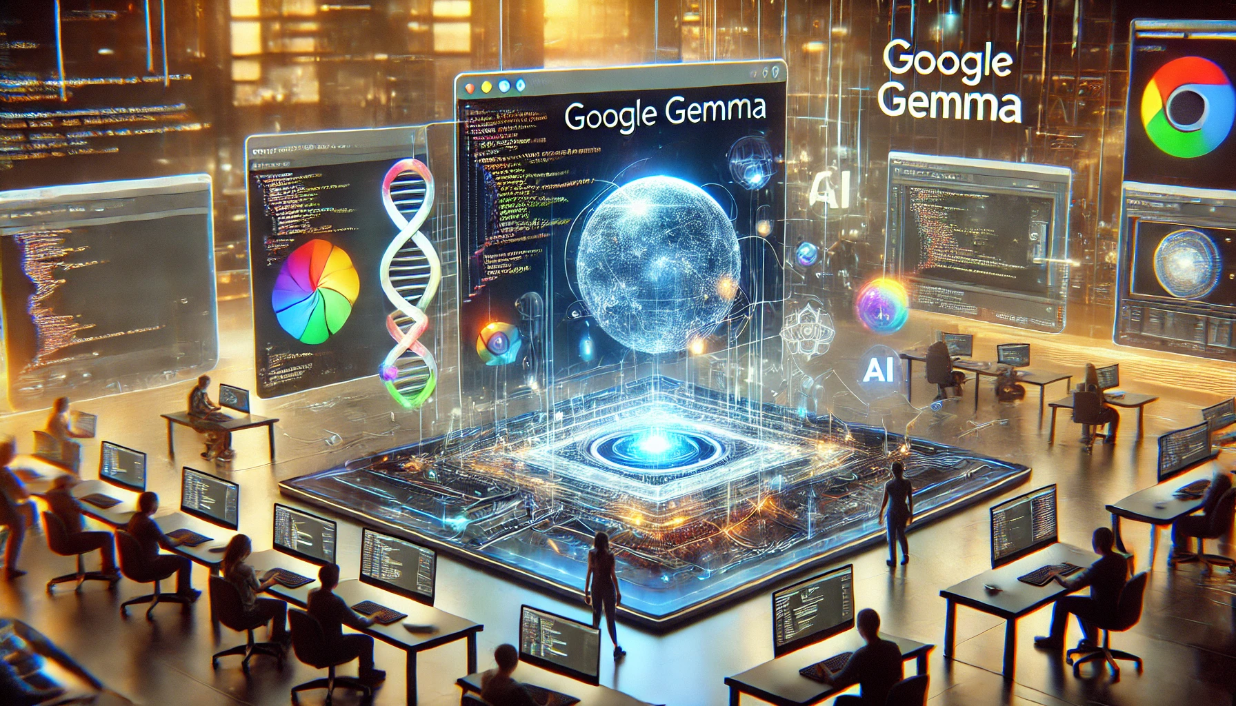 A futuristic open-source software environment showcasing Google GEMMA, with AI-powered workflows and collaboration tools.