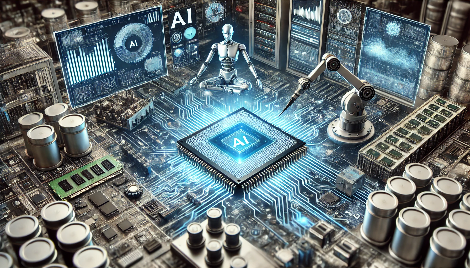 An advanced AI system integrated into the semiconductor industry, visualized with futuristic circuit boards, AI-driven robotic arms, and data analytics screens.